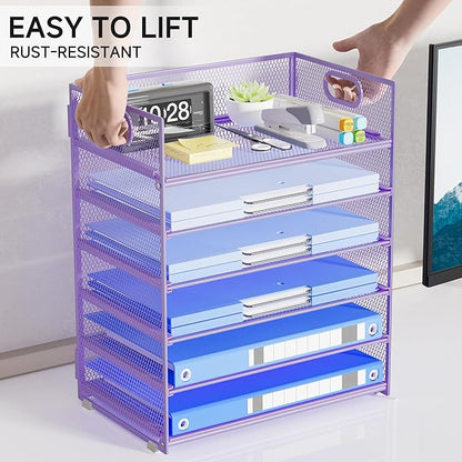 Purple Paper Organizer for Desk with Handle, 6-Tier Metal Mesh File Organizer | Stackable Desktop Organizer for Office Supplies & Stationery Storage