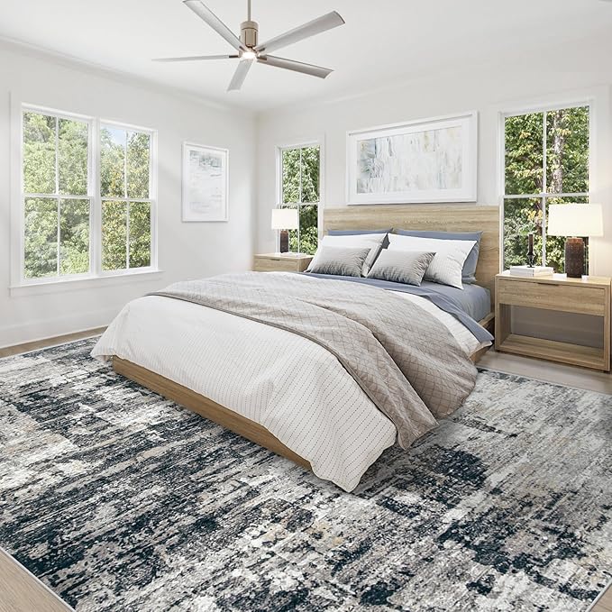 9x12 Area Rug for Living Room, Washable Modern Abstract Large Area Rug Neutral Soft Non Slip Kids Rug Stain Resistant Indoor Carpet for Bedroom Nursery Dining Room Playroom Office(BlackGrey, 9'x12')