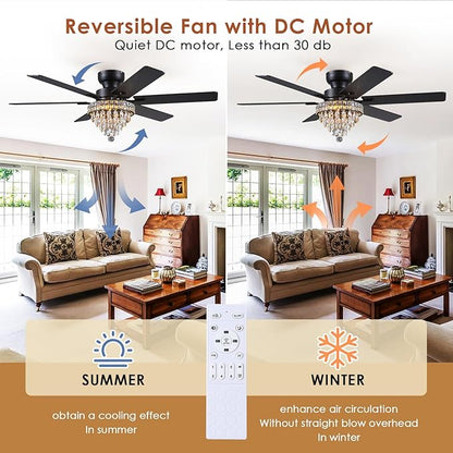 Asyko Chandelier Ceiling Fan -52" Crystal Ceiling Fan- Fandelier Fan Light Black with Remote, Silent Reversible Motor, Dual-Sided 6 Blades, 3 Speed, Timer, Indoor Fan Ceiling