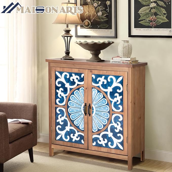 MAISON ARTS Accent Cabinet with 2 Doors, Farmhouse Decorative Storage Cabinets with Solid Wood Frame & Legs Small Sideboard Buffet Cabinet for Living Room Entryway, Blue & White