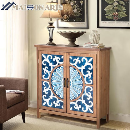 MAISON ARTS Accent Cabinet with 2 Doors, Farmhouse Decorative Storage Cabinets with Solid Wood Frame & Legs Small Sideboard Buffet Cabinet for Living Room Entryway, Blue & White