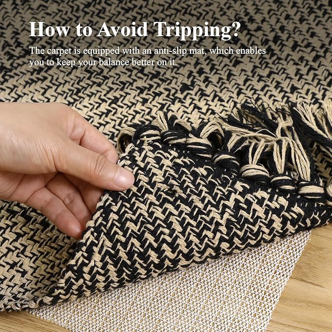 Collive Washable Kitchen Runner Rug, Modern Farmhouse Hand Woven Entryway Rugs Non Slip, Cotton Reversible Bathroom Carpet for Bedroom Hallway Foyer Back Door Decor, Natural/Black 2 x 4.3 ft