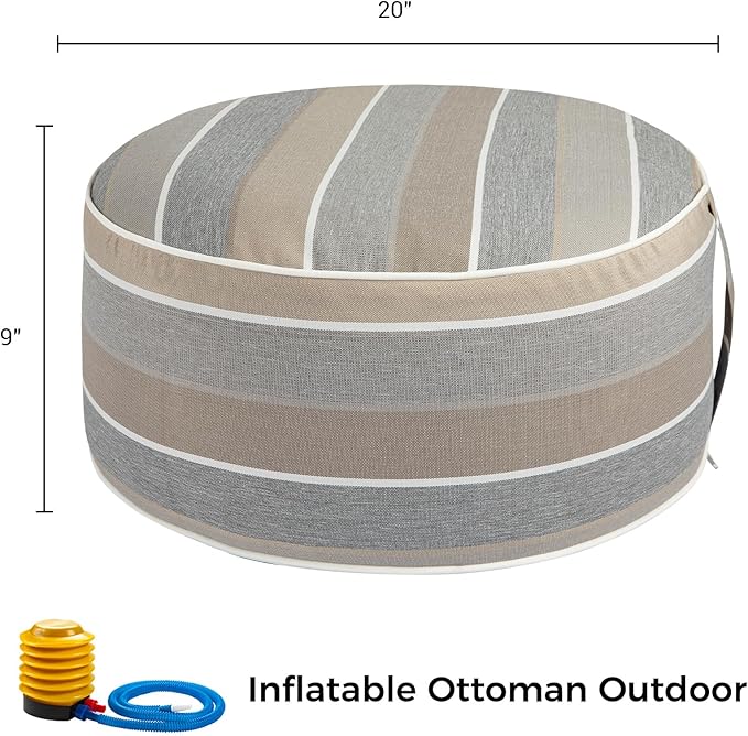Inflatable Outdoor Ottoman with Air Pump,20"x9" Portable Patio Pouf,Water Resistant,Fade-Resistant,Round Blow Up Footrest Stools for Home Garden Camping Travel(Gray Stripe)