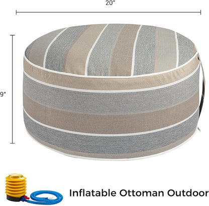 Inflatable Outdoor Ottoman with Air Pump,20"x9" Portable Patio Pouf,Water Resistant,Fade-Resistant,Round Blow Up Footrest Stools for Home Garden Camping Travel(Gray Stripe)