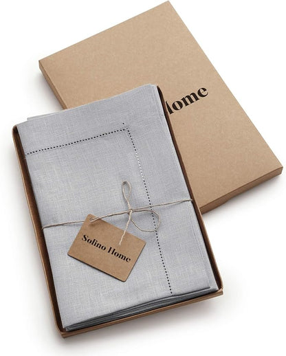 Solino Home Linen Napkins Set of 4 - Classic Hemstitch 100% Pure Linen Soft Grey Dinner Napkins Cloth 20 x 20 Inch for Winter, New Year - Handcrafted and Machine Washable
