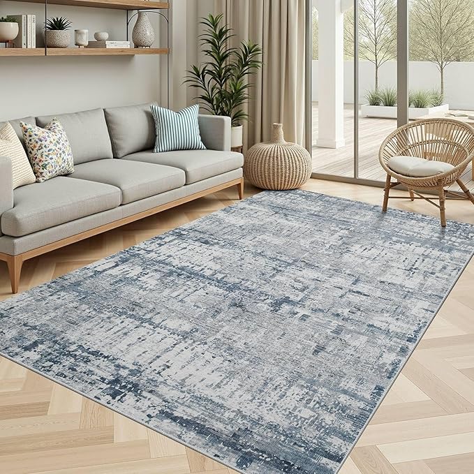 5x7 Area Rugs for Bedroom Living Room,Non-Slip Washable Rug, Modern Abstract Blue Grey Rugs for Dining Room, Foldable Thin Indoor Carpet Stain Resistant(Blue Grey)