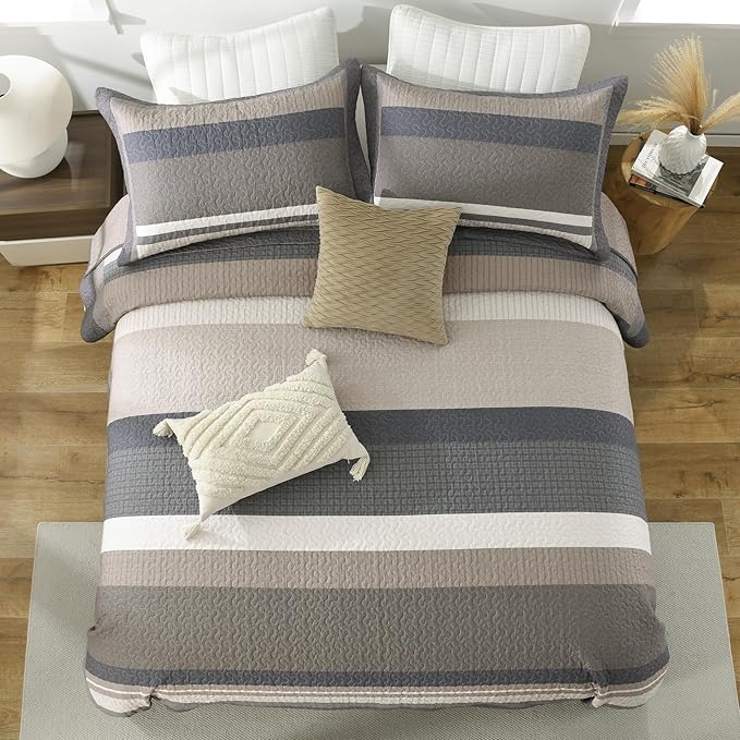 100% Cotton Quilts King Size, King Quilt Bedding Set Bedspread, Striped Quilt for King Bed, 3 Pieces Farmhouse Reversible Lightweight Comforter Bed Spread, Brown/Beige/Taupe