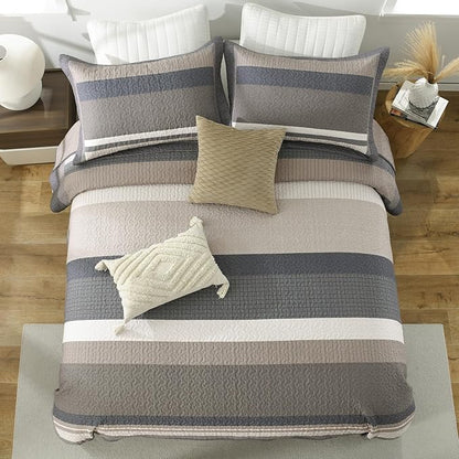 100% Cotton Quilts King Size, King Quilt Bedding Set Bedspread, Striped Quilt for King Bed, 3 Pieces Farmhouse Reversible Lightweight Comforter Bed Spread, Brown/Beige/Taupe