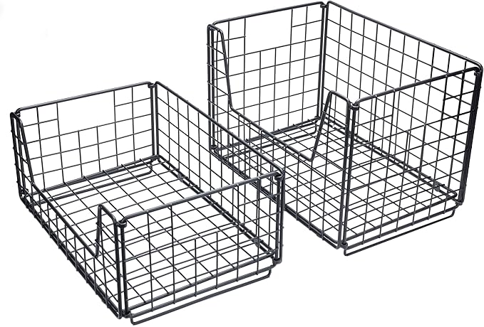 TIEYIPIN 2 Tier Metal Wire Storage Basket, Stackable Fruit Vegetable Food Baskets Cabinet Organizer Pantry Bin for Home Bathroom Kitchen Office Organization - Black