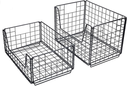 TIEYIPIN 2 Tier Metal Wire Storage Basket, Stackable Fruit Vegetable Food Baskets Cabinet Organizer Pantry Bin for Home Bathroom Kitchen Office Organization - Black