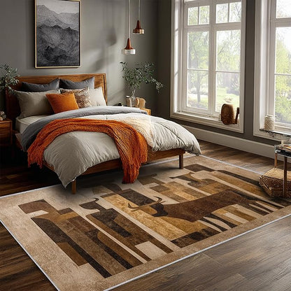 Boho Rug, 3x5 Area Rugs Abstract Art Cow People Pattern for Entryway, Living Room, Bedroom, Boho Home Decor Accessories Indoor Carpet, Non Slip & Machine Washable