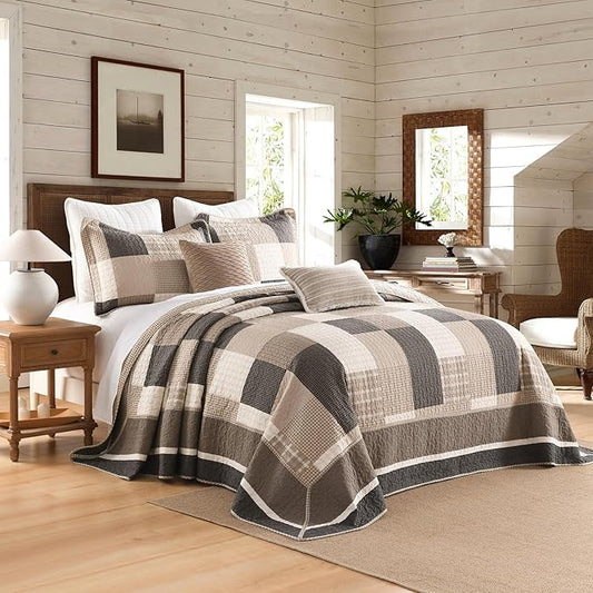 EWlinens 100% Cotton 120"x102" Oversized Queen Bedspread - Reversible Patchwork Plaid Extra Large Quilt Bedding Set, Queen Bedspreads Coverlet Set, Lightweight Cozy Luxurious Quilts, 3pcs, Brown/Beige