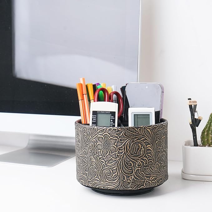 lizimandu Round Leather Art Supply Organizer,Remote Control Holder,360 Degree Spinning,Multi-Functional Pencil Holder,4 Compartments Desktop Stationary Organizer(1-Carved Cooper Gold)