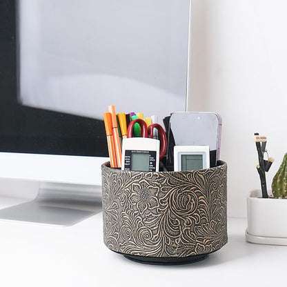 lizimandu Round Leather Art Supply Organizer,Remote Control Holder,360 Degree Spinning,Multi-Functional Pencil Holder,4 Compartments Desktop Stationary Organizer(1-Carved Cooper Gold)