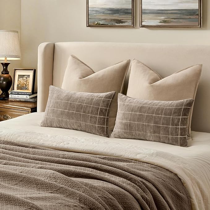 MIULEE Decorative Chenille Check Lumbar Throw Pillow Covers Vintage Plaid Couch Pillows 12x20 Inch Set of 2 Neutral Boho Farmhouse Cushion Covers Spring Decor for Sofa Bed Living Room Taupe Grey