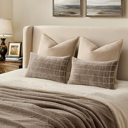 MIULEE Decorative Chenille Check Lumbar Throw Pillow Covers Vintage Plaid Couch Pillows 12x20 Inch Set of 2 Neutral Boho Farmhouse Cushion Covers Spring Decor for Sofa Bed Living Room Taupe Grey