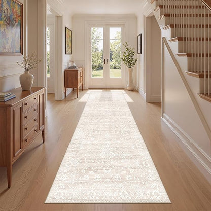 Washable Runner Rug, 2.5'x8' Runners Vintage Kitchen Non-Slip Foldable Hallway Runner Rug for Entryway, Laundry, Bedroom, Beige