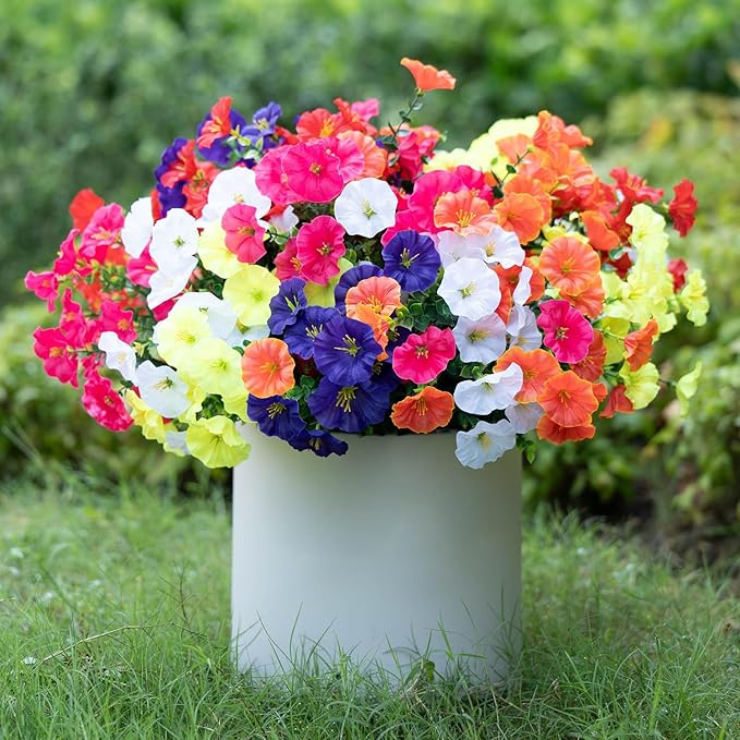 Spring Summer Mix Color Artificial Morning Glory, 12 Bundles Artificial Flowers for Outdoors Decorations UV Resistant Realistic Silk Flowers for Patio Home Decor Garden Planter Window Box Yard