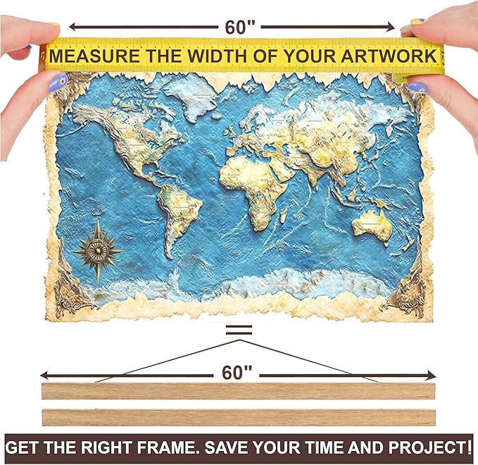 DACRI HOME 60" Magnetic Poster Hanger Frame - Sturdy Teak Wood Poster Frame 60x40 60x36 60x30, Strong Magnets for Easy Hanging Map Picture Canvas Print Scroll Wall Art (60 Inch, Natural Wood)