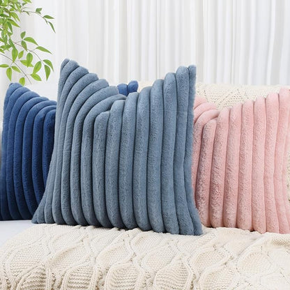 decorUhome Faux Fur Spring Throw Pillow Covers 18x18 Set of 2, Decorative Soft Plush Striped Neutral Couch Pillow Covers with Velvet Back for Sofa, Bed, Living Room Home, Grey Blue