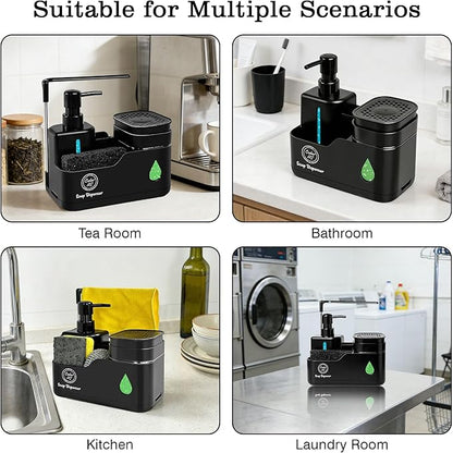 Kitchen Hand and Dish Soap Dispenser Set (Black) – Dual Pump Bottles with Sponge Caddy, Brush Holder, Towel Bar & Drain Rack – Space-Saving Countertop Organizer for Sink & Bathroom
