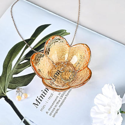 Koythin 2-Piece Glass Jewelry Tray, Small Trinket Holder for Necklace Bracelet Earring, Ring Holder for Bathroom, Aesthetic Trinket Dish, Flower Nightstand Decor for Girl Mom Women (Amber)