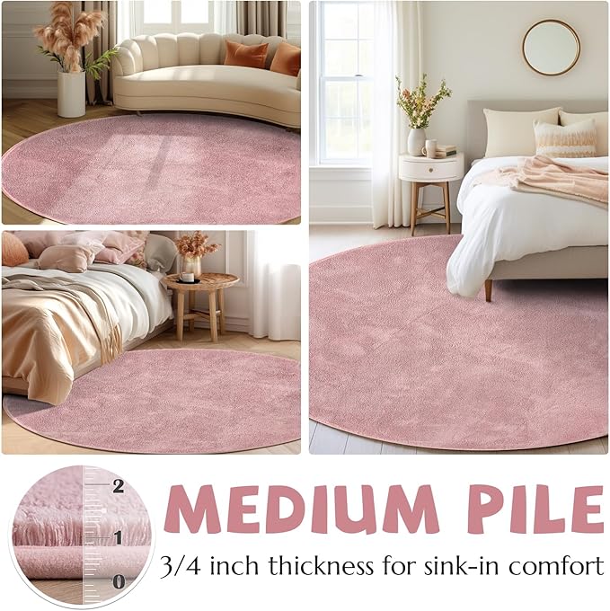 jinchan Solid Plush Round Rug 5ft Performance Shaggy Circle Rug 5' Round Washable Indoor Soft Modern Faux Wool Non Slip Carpet for Living Room Kids Room Bedroom Dining Room Pink