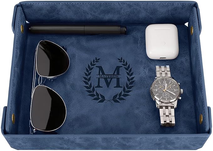 Engraved Leather Valet Tray for Men – Personalized Catchall with Custom Name for Desk, Dresser, Nightstand – Men's Organizer Tray for Keys, Wallet, Jewelry, Personalized Gift for Home, Office - Blue