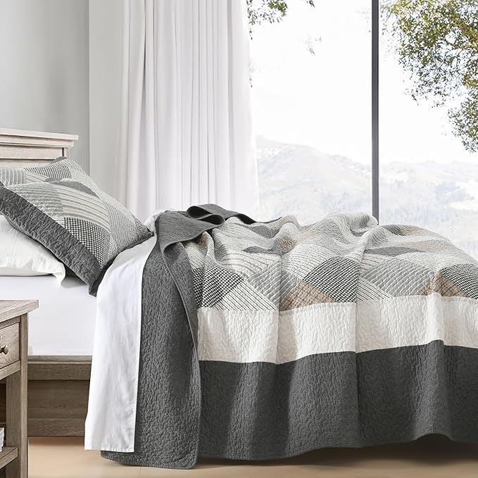 Quilts King Size - King Quilt Bedspread Sets, 100% Cotton Gray Quilt Bedding Set for King Bed, 3 Pcs Farmhouse Reversible Rustic Lightweight Comforter, Dark-Gray/White/Brown