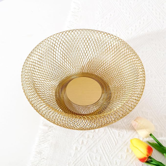 IBWell Metal Wire Woven Fruit Storage Bowl Basket for Kitchen, Large Black Mesh Fruit Stand, for Apple, Pineapple, Banana, Orange, Lemon, Pear, Strawberry, Watermelon (Gold, Small)