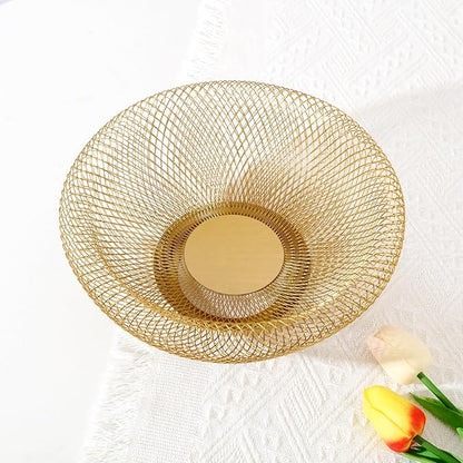 IBWell Metal Wire Woven Fruit Storage Bowl Basket for Kitchen, Large Black Mesh Fruit Stand, for Apple, Pineapple, Banana, Orange, Lemon, Pear, Strawberry, Watermelon (Gold, Small)