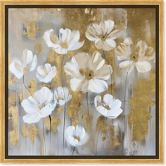 Art Remedy Golden Daisies Canvas Elegant White Gold Wall Art, Gold Frame, 24" x 24"