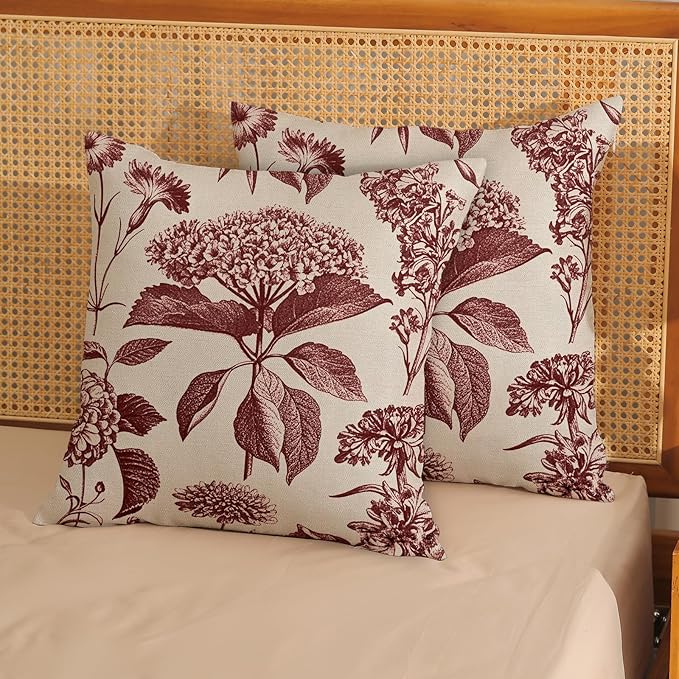 Burgundy Red Pillow Covers 18x18 Set of 2 Vintage Boho Floral Hydrangea Herbs Botanical Throw Pillows Outdoor Flower Decoration Pillowcase Linen Farmhouse Cushion Case Decor for Couch Sofa