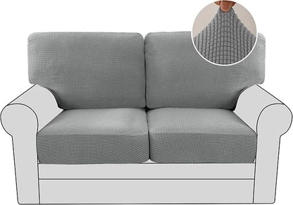 H.VERSAILTEX Multi-Pieces Loveseat Covers for 2 Cushion Couch High Stretch Couch Cushion Covers Jacquard Textured Twill Fabric(2 Seat Covers Plus 2 Back Cushion Covers, Dove)