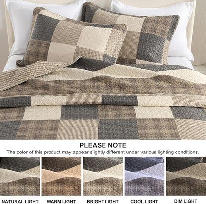 Oversized King Bedspread Quilt 128" x 120" Extra Wide, 100% Cotton Lightweight Quilted Bed Spreads Coverlet Set Farmhouse Bedding Cover, 3 Piece, Charcoal/Beige/Browm