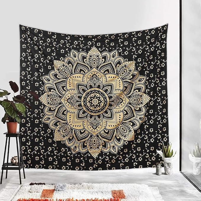 Rajsee Gold Mandala Tapestry - Boho Bedroom Aesthetic - Trippy Wall Hanging - Black Gold Wall Art 52x60 Inches