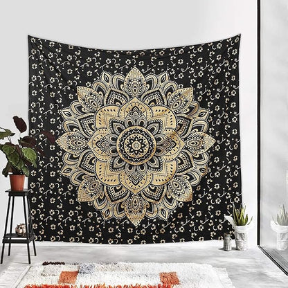 Rajsee Gold Mandala Tapestry - Boho Bedroom Aesthetic - Trippy Wall Hanging - Black Gold Wall Art 52x60 Inches