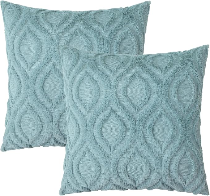 decorUhome Spring Euro Sham Throw Pillow Covers 22x22 Inch Set of 2, Soft Plush Faux Wool Aqua Solid Couch Pillow Covers, Accent Farmhouse Neutral Square Pillow Cases for Sofa Bed Living Room