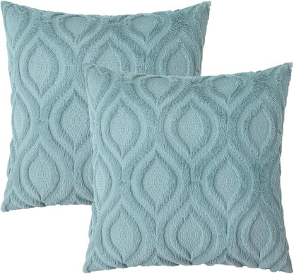 decorUhome Spring Throw Pillow Covers 18x18 Inch Set of 2, Soft Plush Faux Wool Aqua Solid Couch Pillow Covers, Accent Farmhouse Neutral Square Pillow Cases for Sofa Bed Living Room