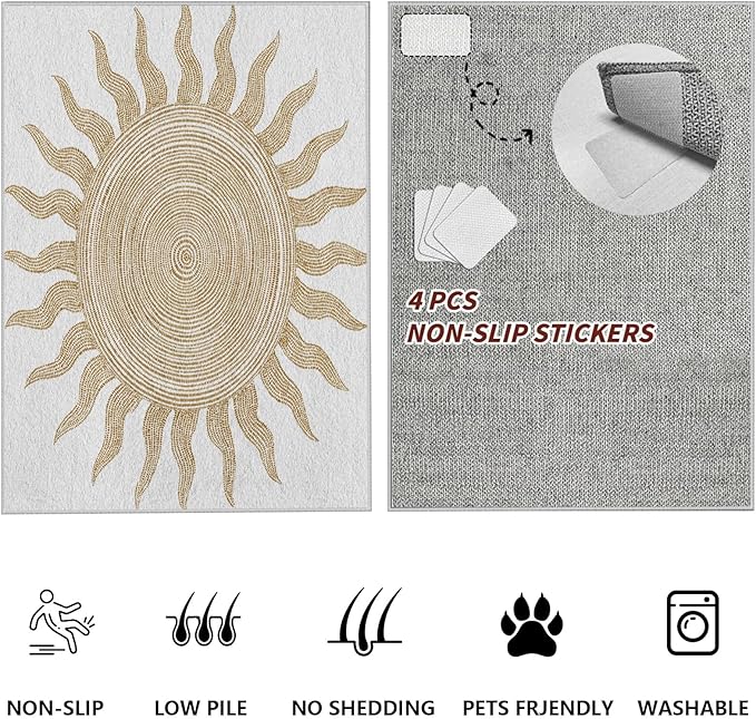 Boho Washable Rugs for Bedroom 3x4, Modern Sun Print Soft Minimalism Area Rug, Non Slip Low Pile Abstract Carpet for Classroom Living Room Decor Dining Room Sofa Kids Nursery Room, Beige Yellow