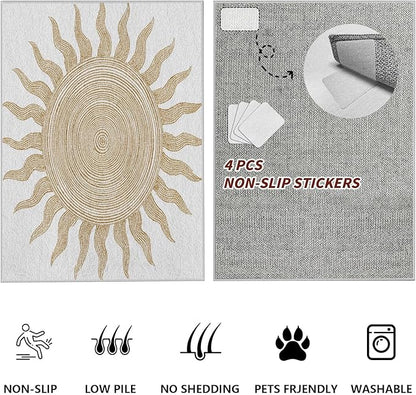 Boho Washable Rugs for Bedroom 3x4, Modern Sun Print Soft Minimalism Area Rug, Non Slip Low Pile Abstract Carpet for Classroom Living Room Decor Dining Room Sofa Kids Nursery Room, Beige Yellow