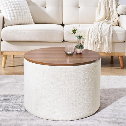 DAGONHIL 2-Piece Set Round Chenille Storage Ottoman, Equipped with a Drum Shaped Small Stool, Storage Space, and MDF Made Desktop Panel (Beige 23.6"x23.6"x16.5")