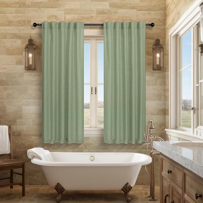 Sage Green Curtains 38 Inch Width for Kitchen Doors 2 Panels Back Tab Rod Pocket Linen Cafe Tier Light Filtering Short Sheer Light Green Curtains for Bathroom Laundry Farmhouse Decor Wide 38x45 Length