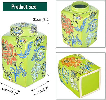 Sungmor Decorative Ceramic Ginger Jar with Lid, Square Ceramic Storage Jar Tea Canister, 8.2" Hand Painted Floral Pattern Porcelain Vase for Table Centerpiece, Green Glazed Ginger Jar for Home Decor