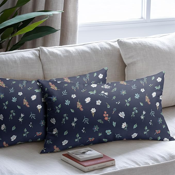 Vitage Floral Lumbar Pillow Covers 12x20 Set of 2 Navy Green Spring Flower Leaf Pattern Rustic Decorative Outdoor Farmhouse Boho Pillowcases Decorations Throw Cushion Cover Decor for Couch Sofa Bed