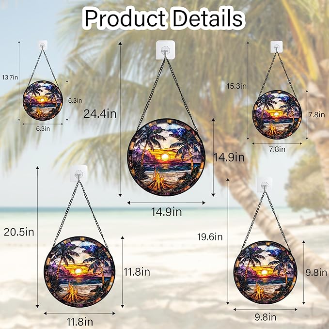 Stained Glass Window Hanging,Bonfire Beach Landscape Suncatcher Diamond Glass Panel Sun Catchers Decor for Birthday for Women, Men, Wife, Aunt, and Mom 14.9x14.9 in