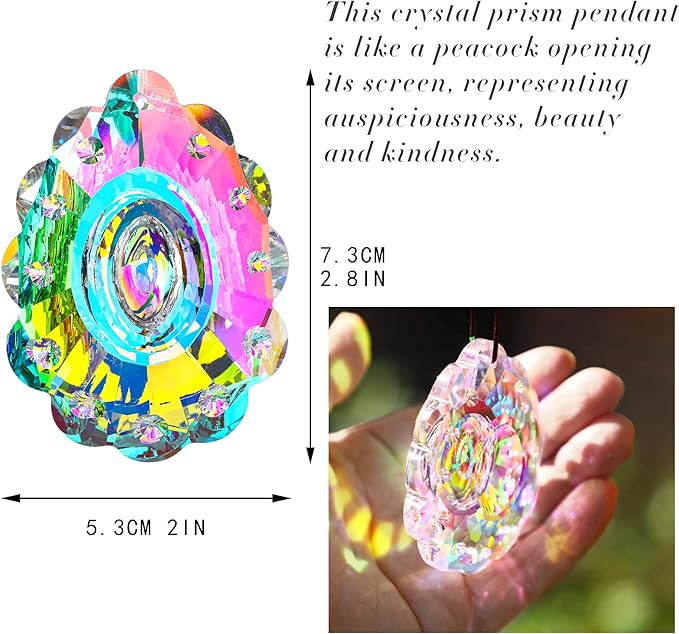 76mm Colorful Crystal Peacock Prism Sun Catcher Rainbow Pendants Maker, Hanging Crystal Prisms for Windows, for Feng Shui, for Gift