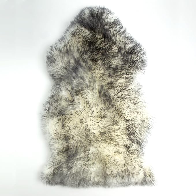 HUAHOO Premium Genuine Sheepskin Rug White Grey Real Australia Sheepskin Natural Luxury Fluffy Lambskin Fur Area Rug Seat Covers for Kids Bedroom Pets Dogs Mat Single Pelt/2'x 3' Wolf Tip