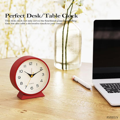 AYRELY® 4.5" Analog Alarm Clock,Small Retro Desk Clock Battery Operated,Slient Metal Table Clock with Light for Living Room Decor,Bedroom,Bedside,Shelf (red)