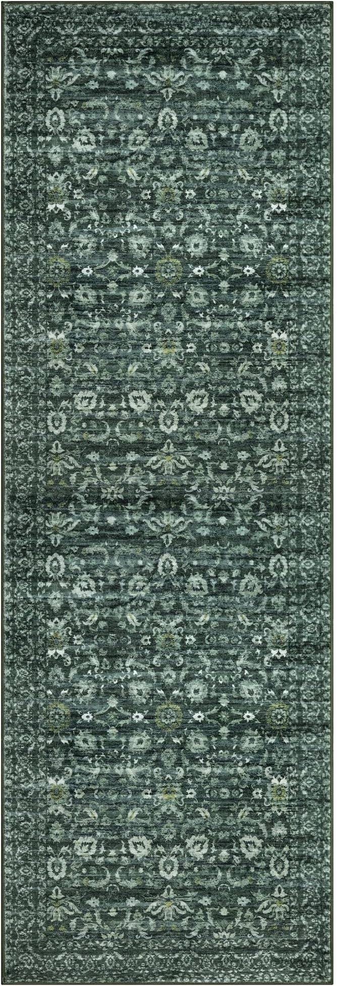 Runner Rug 2.6x10, Dark Green Washable Long Hallway Rug Runner Non-Slip Soft Kitchen Runner Thin Printed Faux Wool Super Soft Carpet for Entryway Bedroom Laundry Room Indoor Home Decor